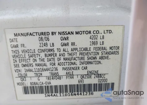 2006 Nissan Altima 2.5 S from USA, damaged, VIN 1N4AL11D16N441236